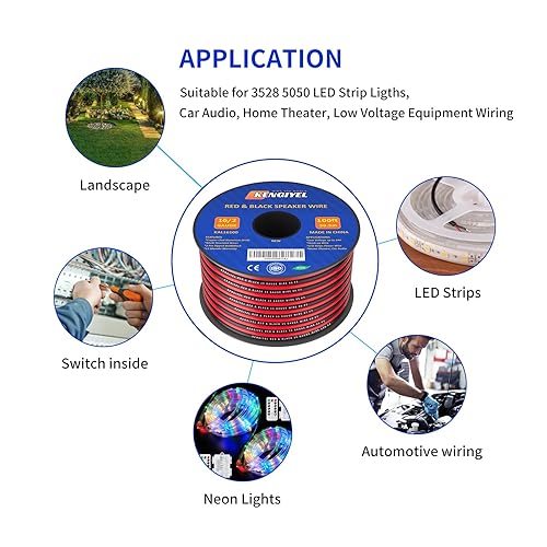 Vista 12 de Cable de altavoz calibre 14, 100 pies, 2 conductores, conexión de cable rojo y negro, tiras de iluminación LED, cable de extensión de cable