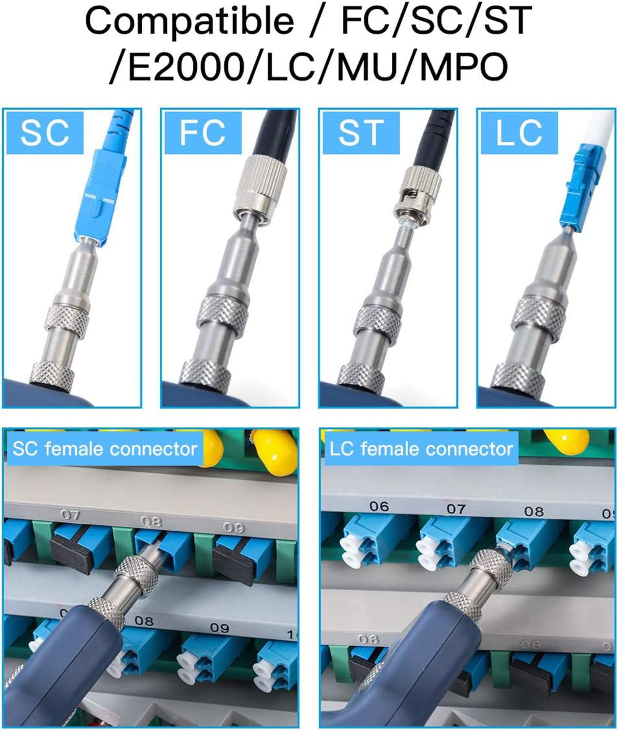 Sonda mikroskopu światłowodowego KIP-600V o powiększeniu 400x z monitorem 3,5-calowym, adapterem żeńskim FTTH + SCA + uniwersalnym złączem męskim 2,5 mm do SC, FC, ST