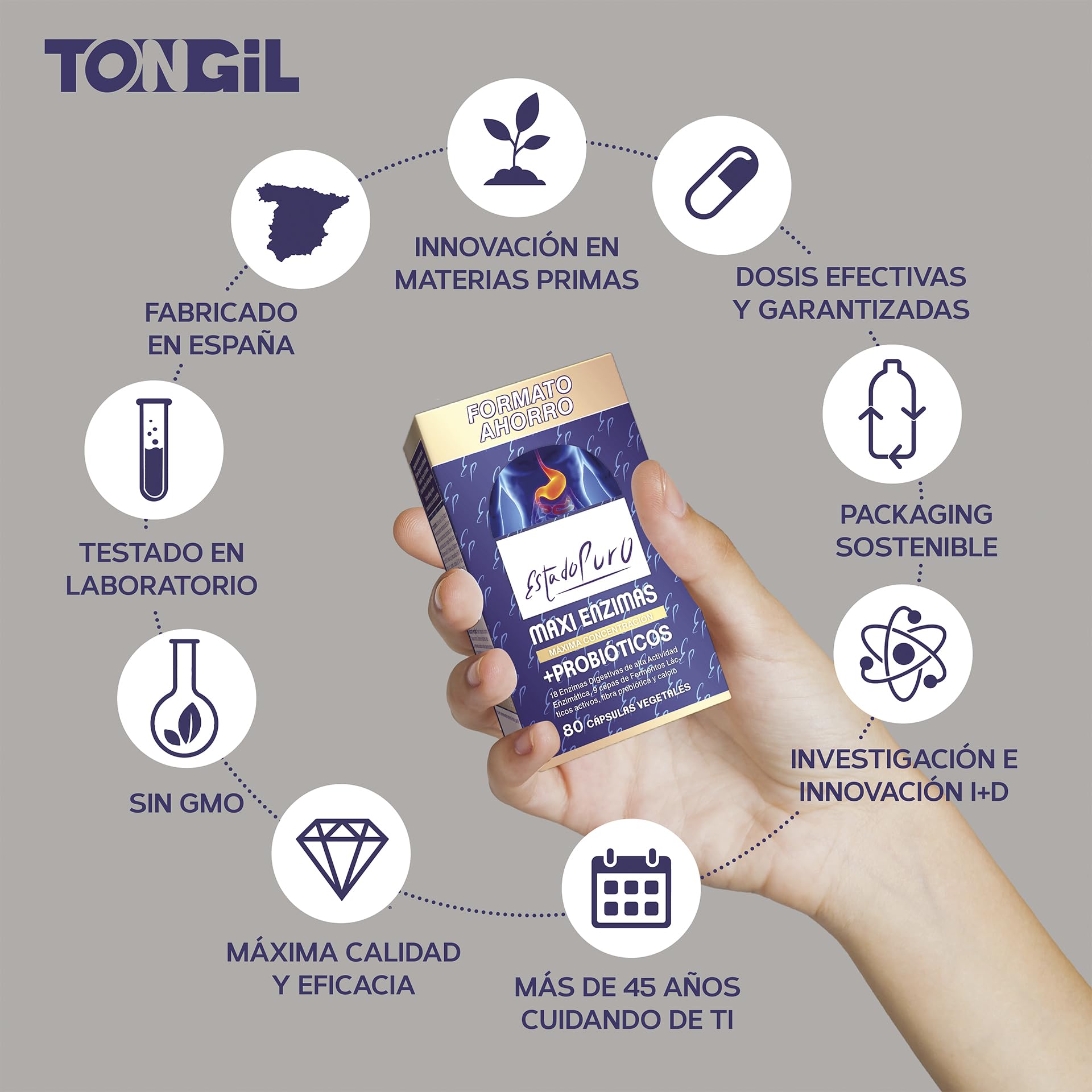 Enzimas Digestivas Estado Puro | 18 Enzimas Digestivas con Probióticos + Prebióticos | Mejora la digestión y la Absorción de Nutrientes | Sin Gluten | 80 Cápsulas Vegetales | TONGIL