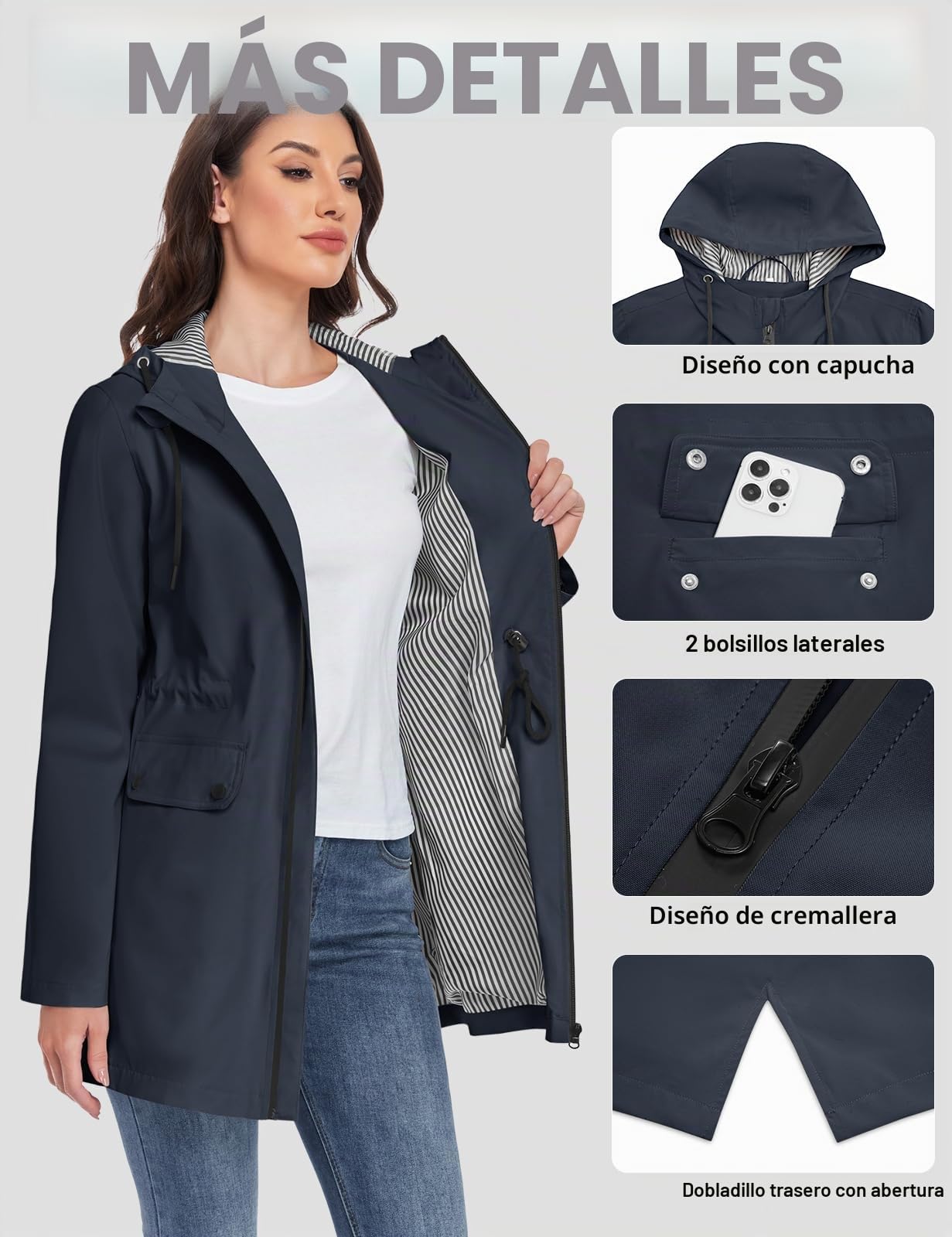 Yuson Girl Abrigo Entretiempo Mujer Largo Elegante Chaqueta Primavera Ligero Abrigo Cortavientos Parka con Capucha y Cordón Casual Cazadora para Primavera, Verano y Otoño