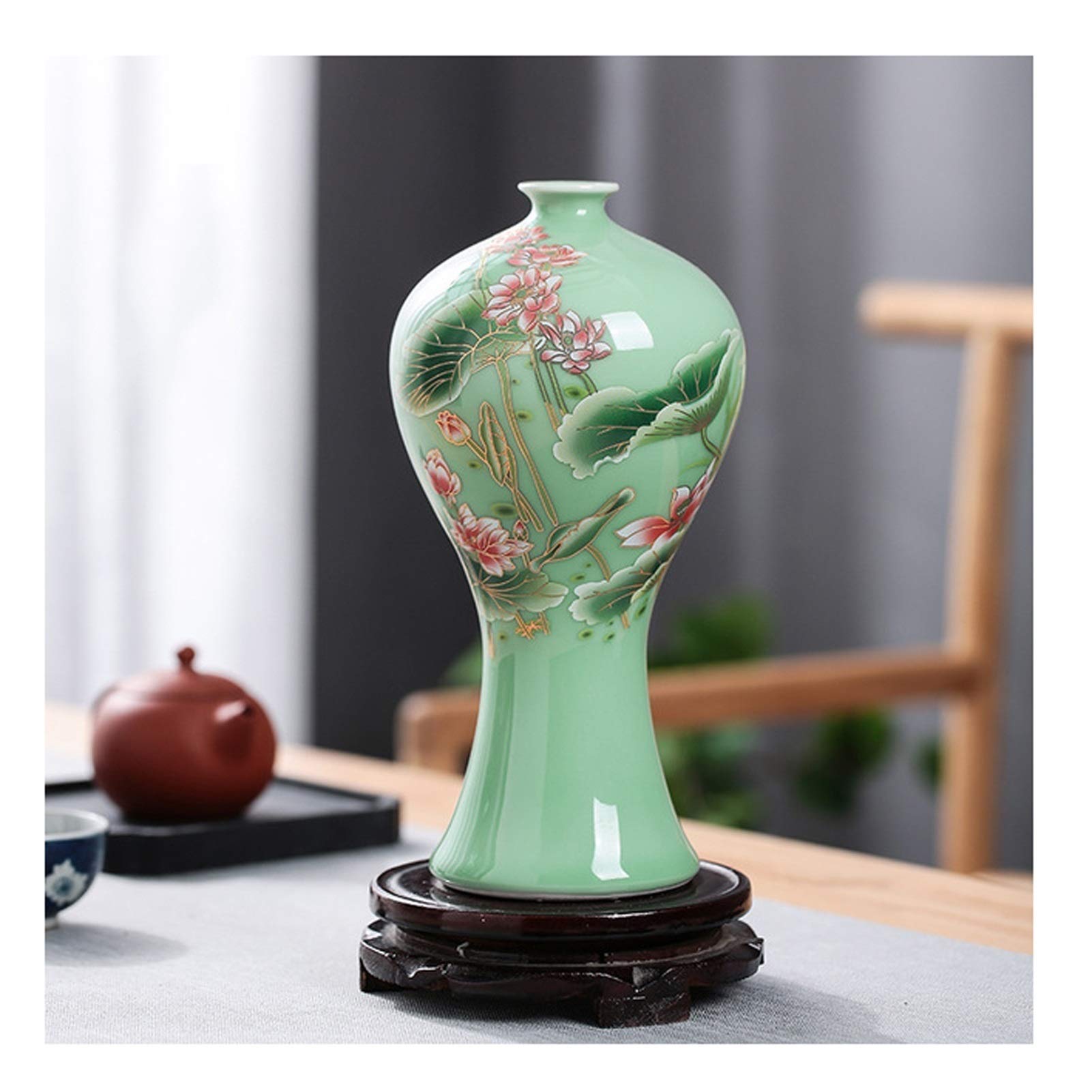 Vase en céramique émaillée vert clair et lotus antique pour fleur sèche