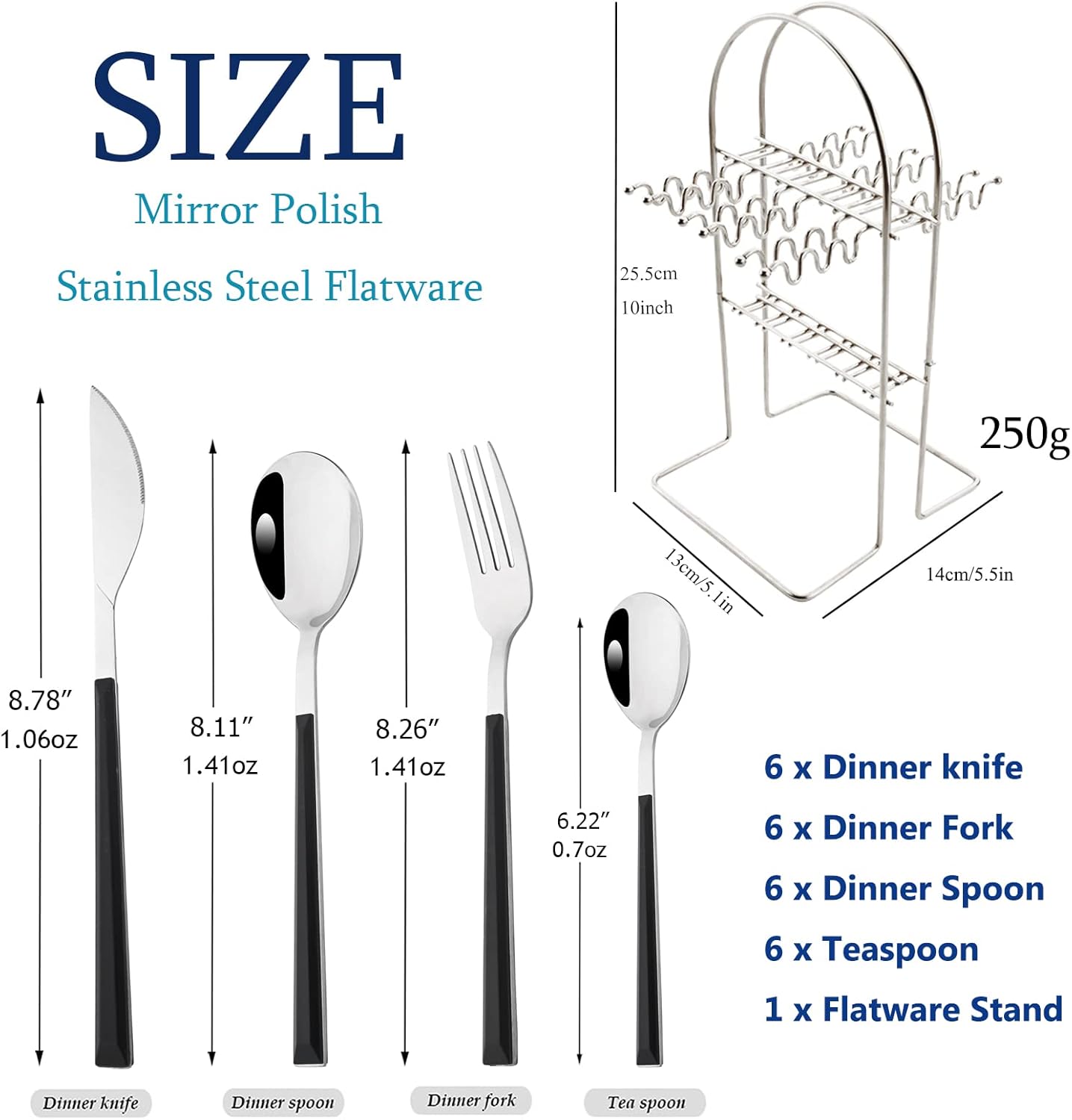 Silverware Set, 24 Piece Mirror Flatware Set With Stand, Stainless Steel Utensils With Black Handle, A Complete Cutlery Set For Most Families, Service For 6