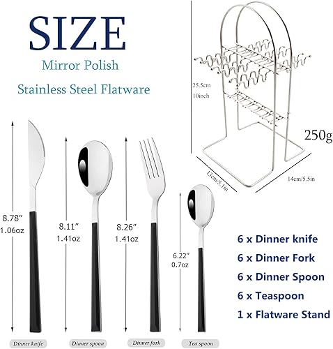 Miniatura 4 de Snplowum Juego de cubiertos de 24 piezas con soporte, utensilios de acero inoxidable con mango negro, un juego completo de cubiertos para la mayoría