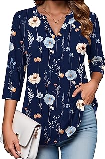 Womens 3/4 Length Sleeve Tops V Neck Tunic Casual Dressy Blouse Floral Printed Shirts
