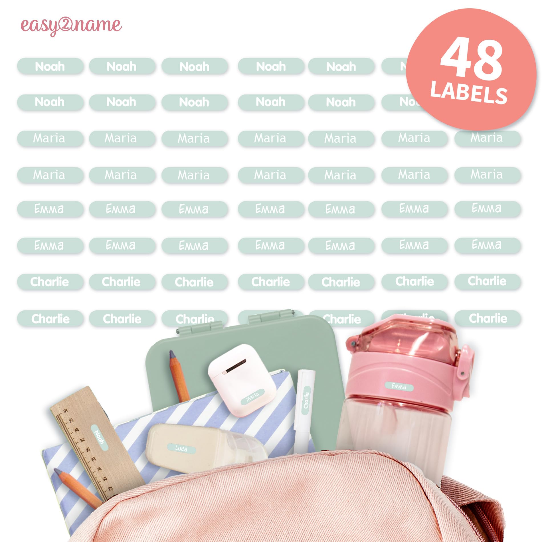 Easy2Name - Personalised mini XS Name Labels - Waterproof Name Stickers for Children and Adults - Ideal as Name Stickers in The Office, Workshop or School - 20x4mm - Coloured (Mint, 48)