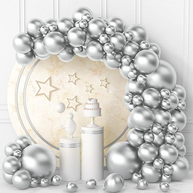 100Pcs Silver Balloons Metallic Silver Balloon Arch Kit Different Sizes 18/12/10/5 Inch In Chrome Silver Latex Balloons for Birthday Baby Shower Wedding Engagement Graduation Party Decorations