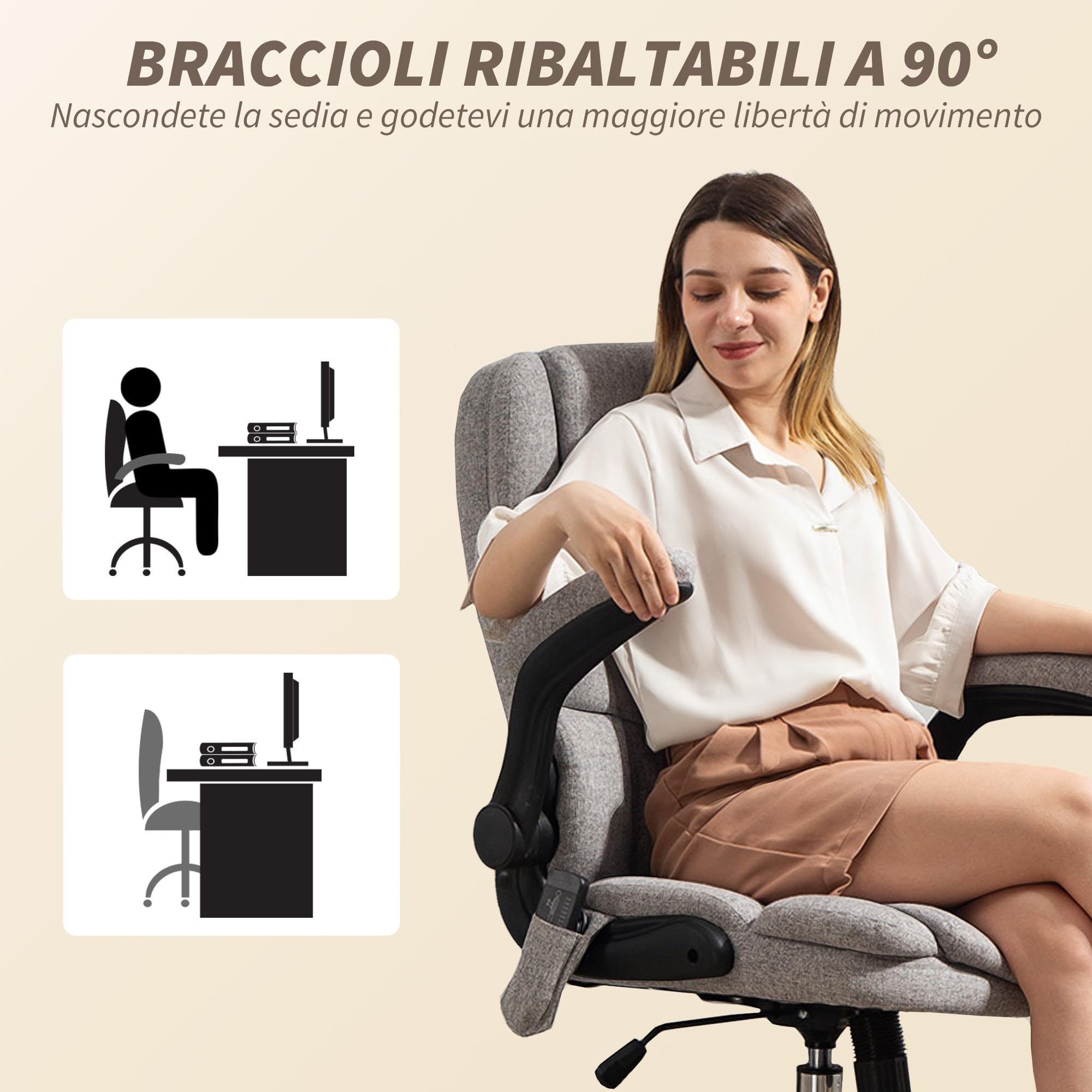 HOMCOM Sedia da Ufficio Massaggiante 4 Punti Vibrante Riscaldata Grigio | Funzione Dondolo, Poltrona Ufficio, Sedia Scrivania, Tessuto Effetto Lino, Braccioli Ribaltabili, Altezza Regolabile