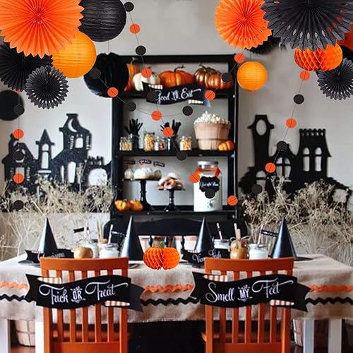 Miniatura 7 de Kit de suministros de decoración de fiesta de Halloween, farol de papel de seda, abanico, calabaza, guirnalda redonda para fiesta de Halloween,