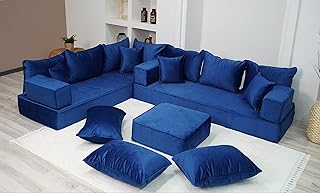 8" Thickness Fabric Royal Blue L Shaped Couch, Moroccan Livingroom Floor Couch, Velvet Sofa Cover, Sofa Bed, Velvet Arabic Seating (L Sofa + Ottoman)