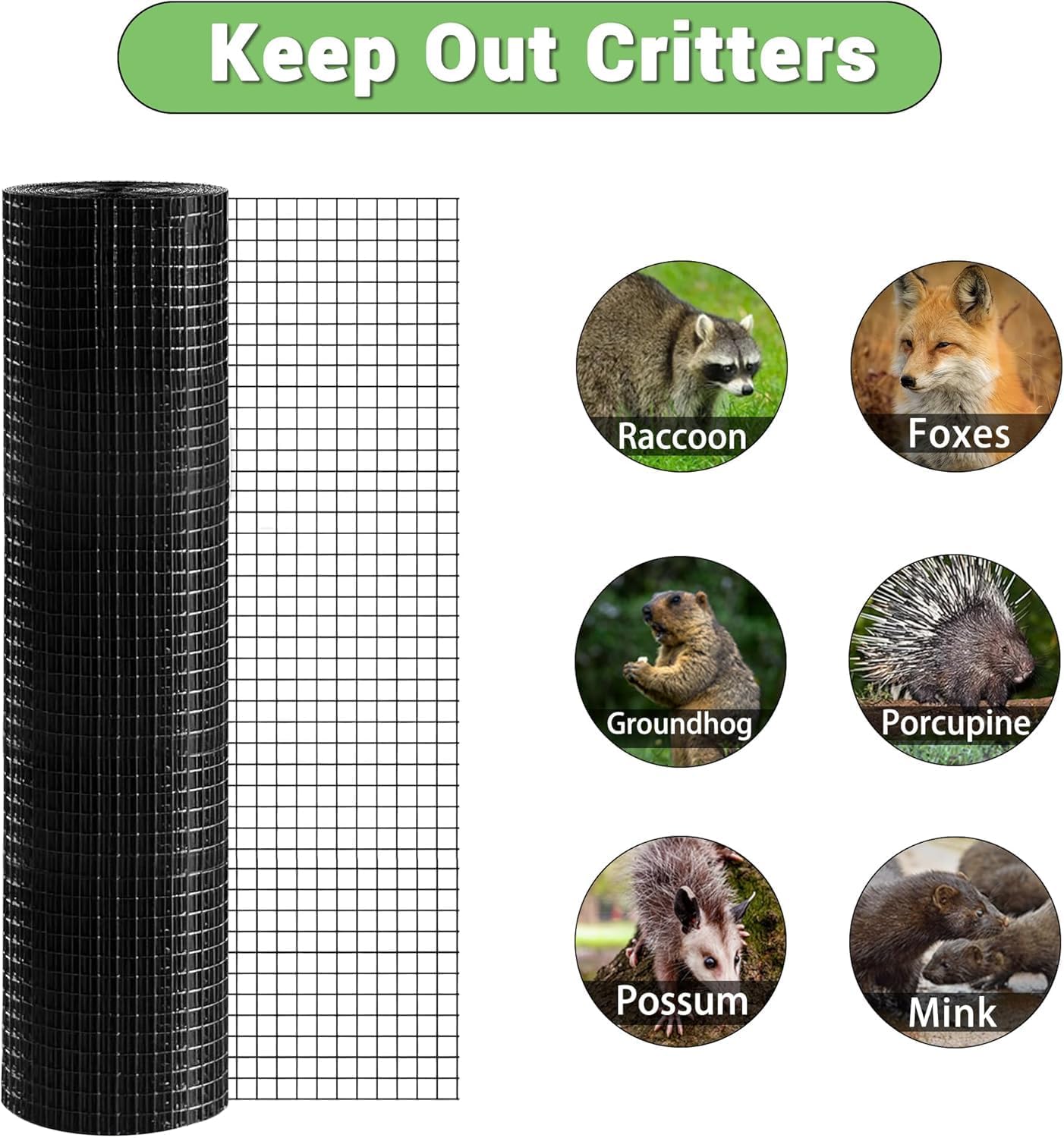 HITTITE Hardware Cloth,16 Gauge Welded Black PVC Coated Wire Mesh, Galvanized Welding Chicken Wire Fence Mesh for Chicken Coop and Home Improvement Projects. (1/1inch 36''x 100')