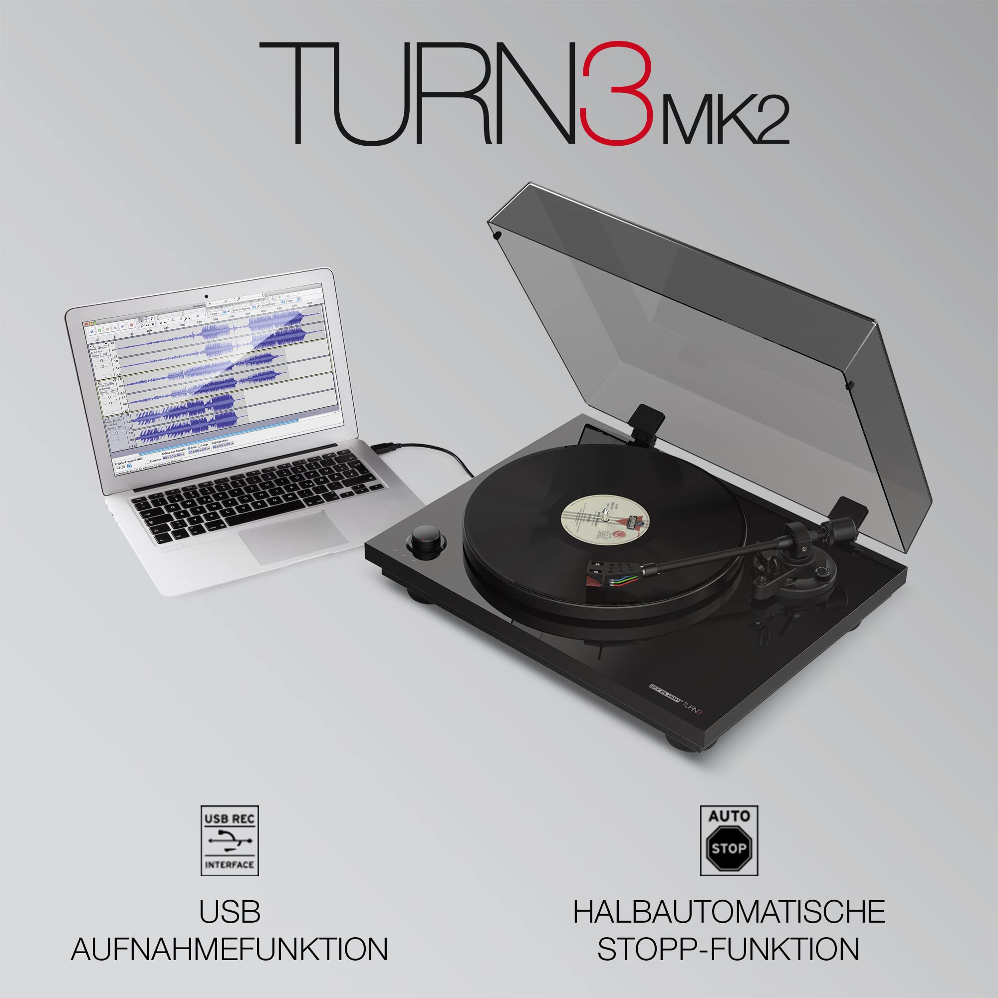 Reloop Turn 3 MK2 | Riemengetriebener HiFi-Plattenspieler mit USB-Aufnahmefunktion, Ortofon 2M Red Tonabnehmersystem, Integrierte Motorkontrolle (33/45/78 RPM), Anti-Skating, Schwarz