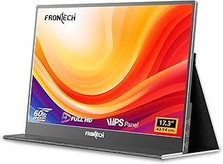 FRONTECH 17.3" Portable LED Monitor | Full HD 1920×1080 IPS Display | 60Hz Refresh Rate | Mini HDMI & Dual Type-C Ports | Built-in Speaker | Kickstand Cover | External Laptop Monitor (MON-0084)
