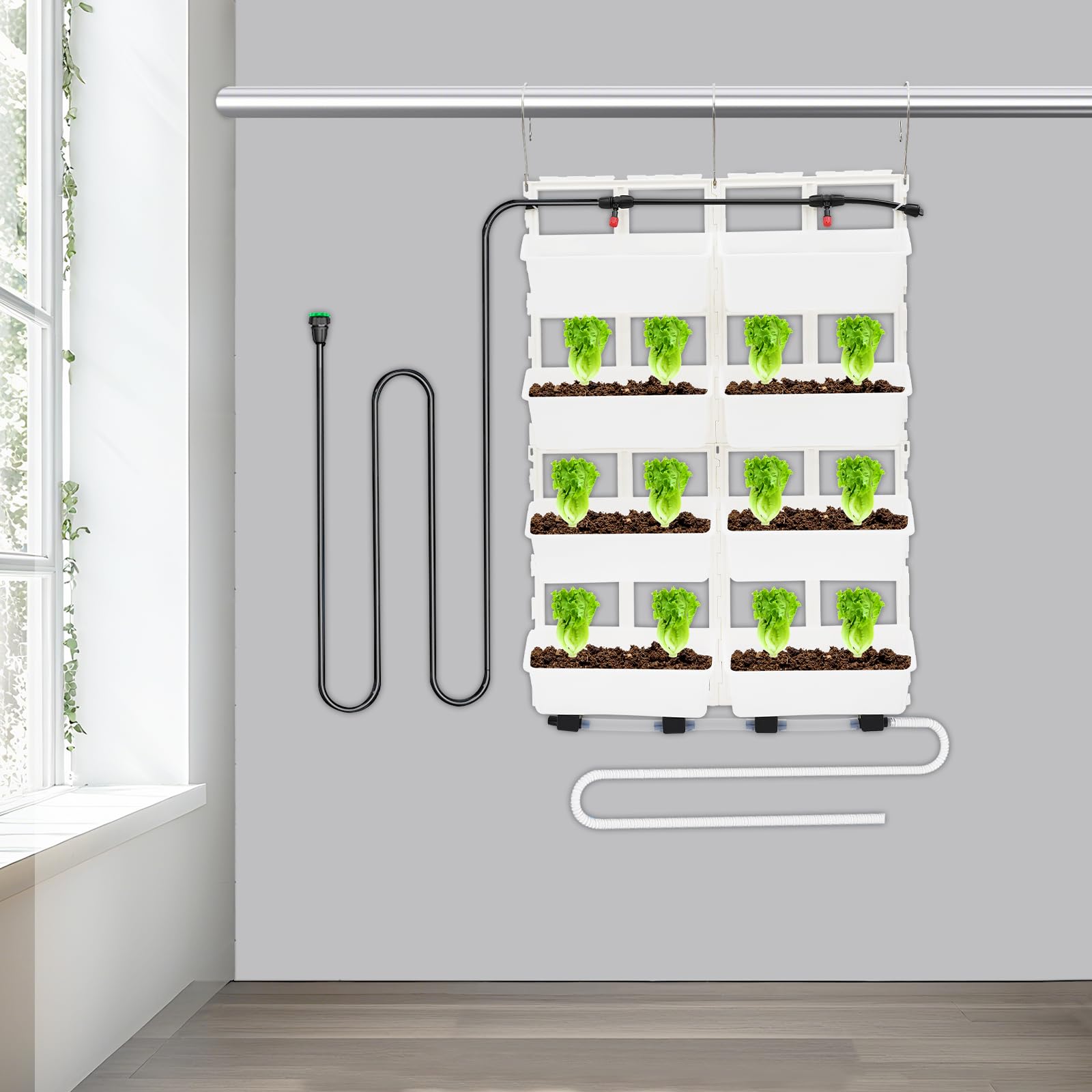 Madelynn Maceta vertical colgante de pared de 67 x 18,6 x 93 cm, para colgar en la pared, manguera de drenaje de 2 m, con 8 macetas para el cultivo de hierbas y flores