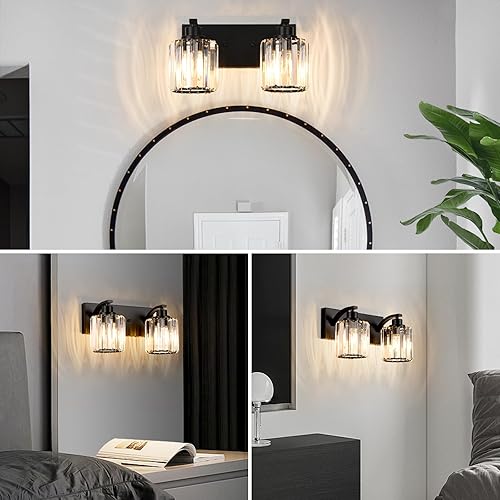 Miniatura 8 de 2 luces de cristal para tocador de baño, moderna lámpara de baño negra sobre espejo, luces de tocador para dormitorio, baño, pasillo, base E26