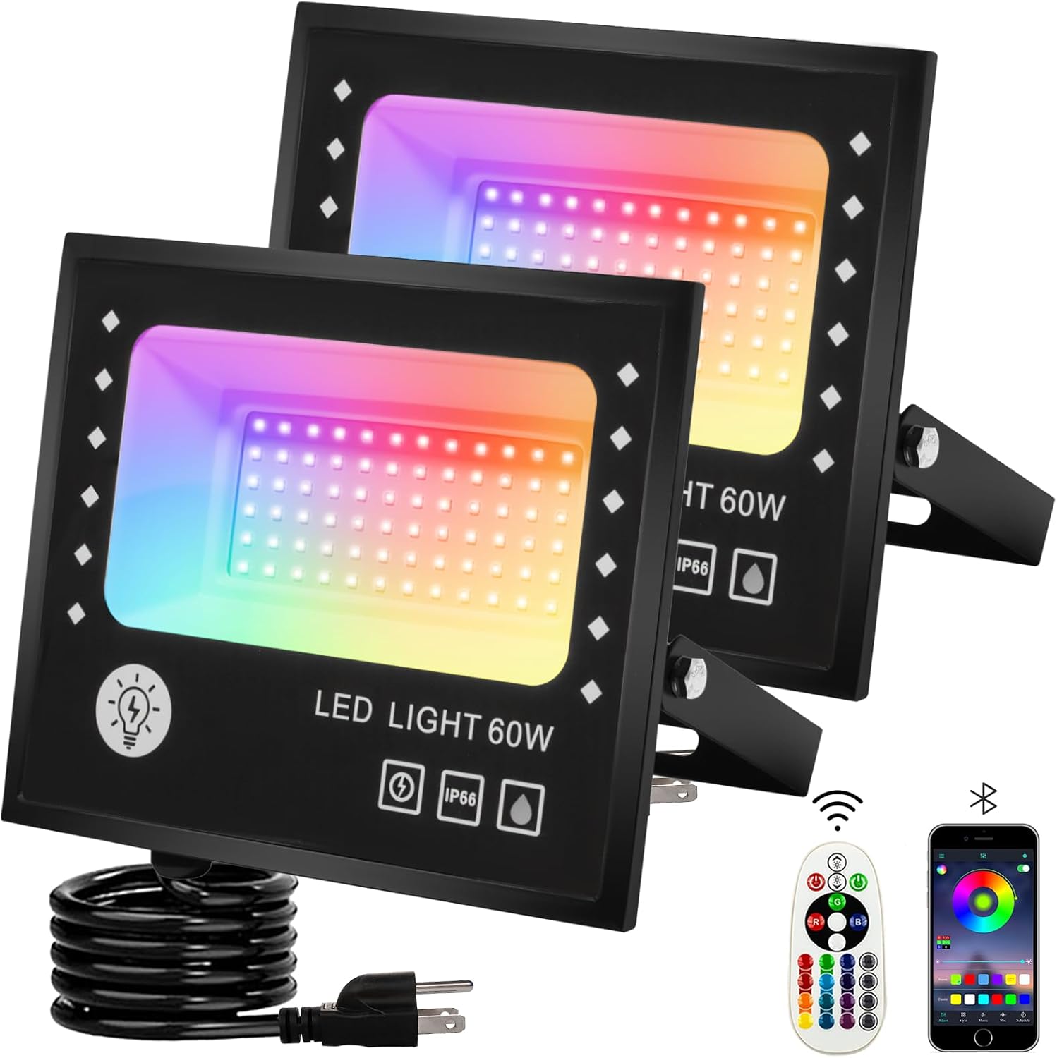 Led Flood Light 600W Equivalent 6000LM, Outdoor Led Lights with APP Control, Smart RGB Lights Colored 16 Million Colors, DIY Scenes - Timing - Music Sync, 2700K & IP66(2 Pack)