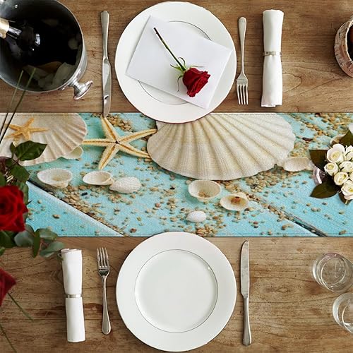 Miniatura 4 de Table Runner Shell Starfish Beach, Autumn Rustic Linen Table Cloth Kitchen Dining Table Decor for Home Party 13 x 72 Inches