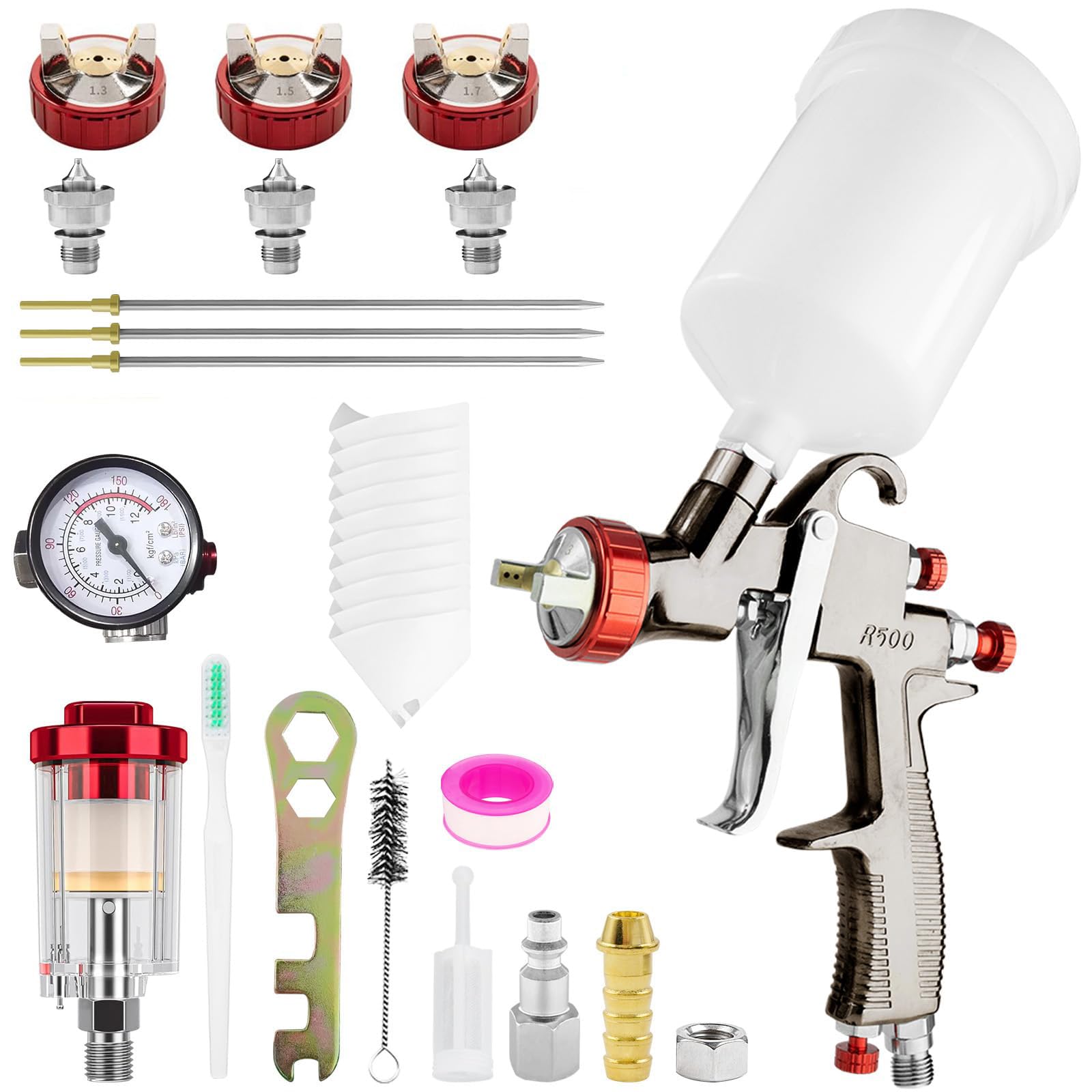RRJ R500 LVLP Kit pistola a spruzzo ad aria, spruzzatore di vernice per auto con ugelli da 1,3/1,5/1,7 mm e regolatore d'aria, accessori per auto, pistola per verniciatura di case, pareti, auto