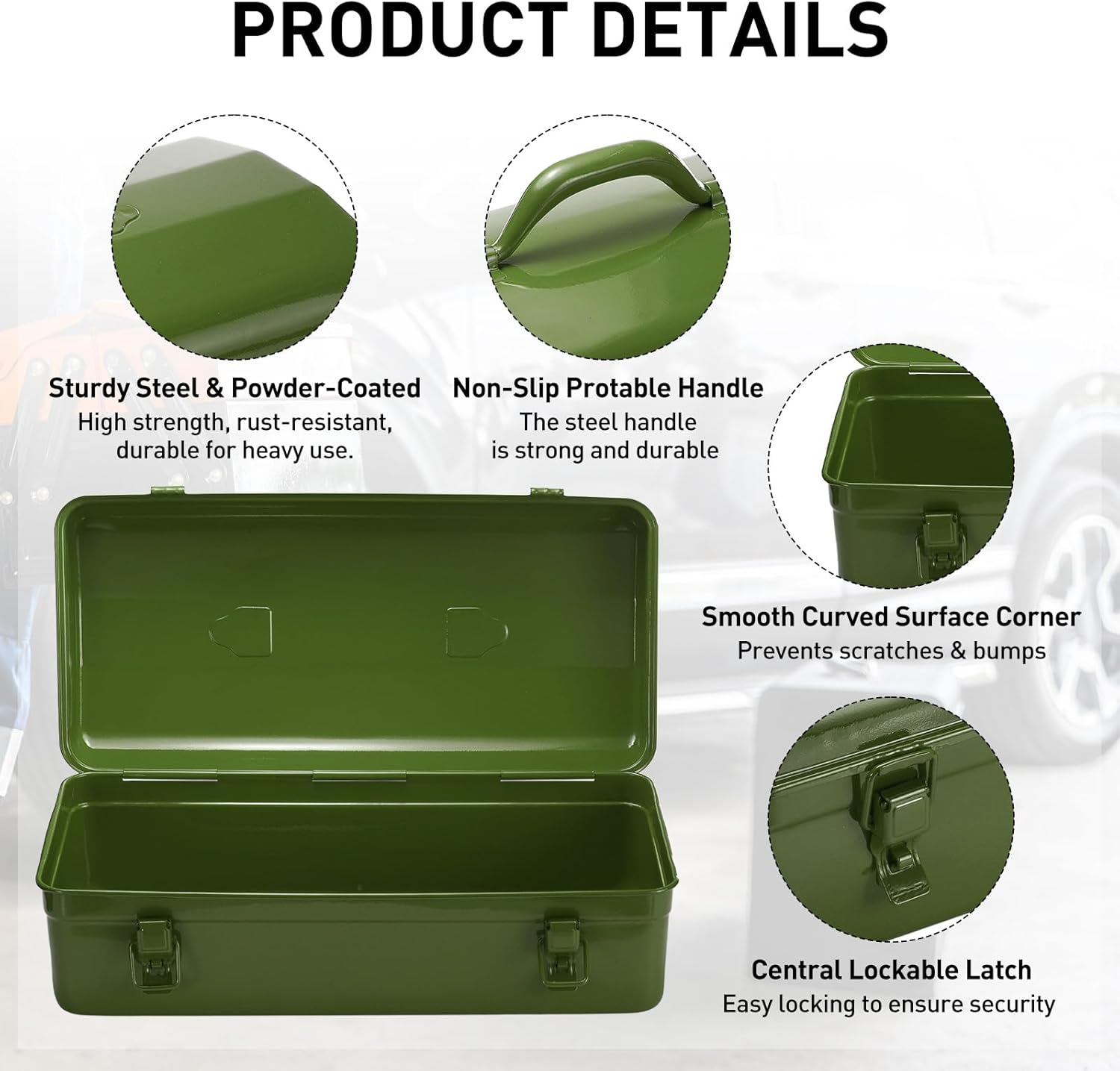 HARFINGTON Portable Steel Tool Box, 16.4" x 7.7" x 3.9" with Handle Double Metal Latch Trunk Tool Storage Box Metal Organizer Mountain Toolbox for Garage Warehouse Workshop Household, Green