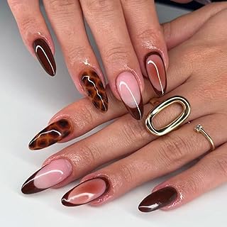 Brown French Tip Press on Nails Medium Almond Shaped Fake Nail with Amber Design Reusable Acrylic Nails for Women Girls DIY Manicure 24Pcs False Nails Set with Glue