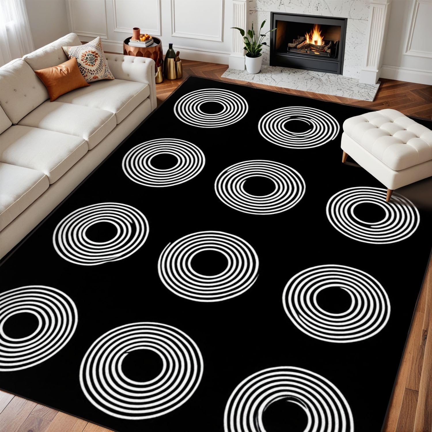 10x14 Area Rugs for Classroom Boho Washable Rug for Playroom Circle Bullseye Abstract Children s Black Concentric Circles Carpet for Kids Soft Rubber Backed Non-Slip Carpets for School Learning Room