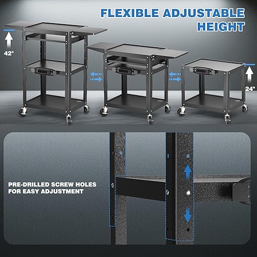 Miniatura 4 de Carrito AV grande de acero con tira de alimentación y hojas caídas, carrito Madia de metal ajustable en altura con ruedas, estación de trabajo