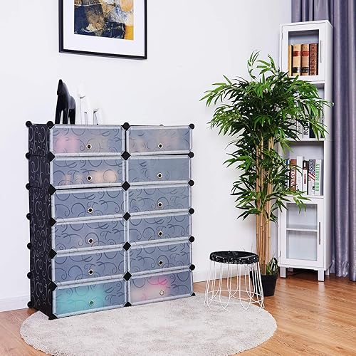 Miniatura 5 de Tangkula - Zapatero de 12 cubos gabinete de almacenamiento de cubos de bricolaje gabinete modular de plástico con puertas sistema de almacenamiento