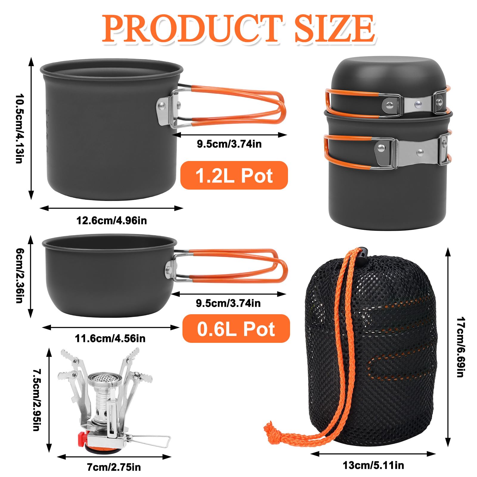 Set di 6 Pentole da Campeggio, Pentole Set da Campeggio con Mini Fornello Portatile, Set da Cucina da Campeggio Pieghevole, per 1-2 Persone, per Picnic, Campeggio, Arrampicata, Trekking