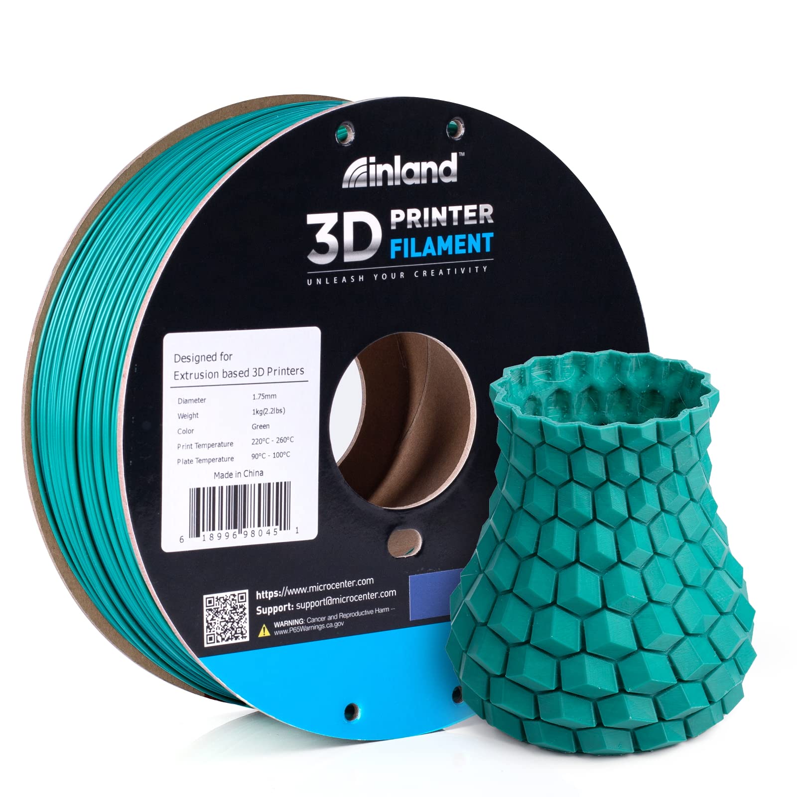 inland abs filament 1.75mm, abs 3d printing filament, dimensional accuracy +/- 0.03 mm - 1kg cardboard spool (2.2 lbs) - heat resistant green abs filament