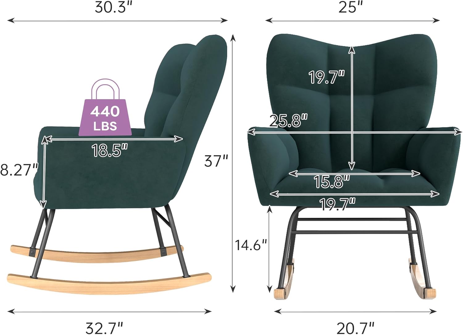 Rocking Chair Nursery, Nursery Rocking Chairs, Baby Rocker, Glider Rocker, Safety Anti Tip Design, 440 Lb. Capacity, Cotton Fabric Cover, Green