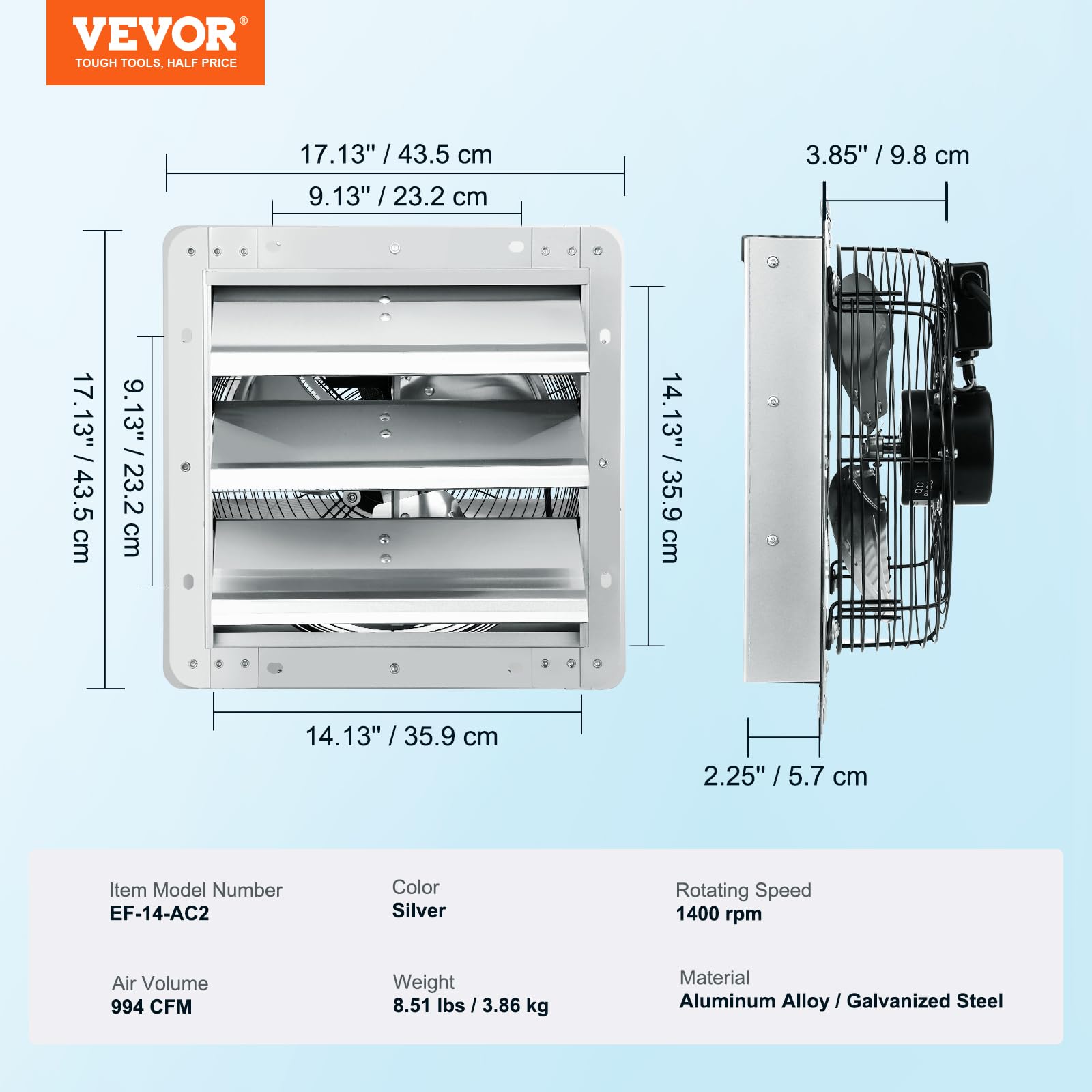 VEVOR Extractor de Persiana, Alta Velocidad 1400 RPM 994 CFM, Ventilador de Aluminio para Montaje en Pared con Motor de CA, Ventilación y Refrigeración para Invernaderos, Tiendas 435 x 435 x 190 mm