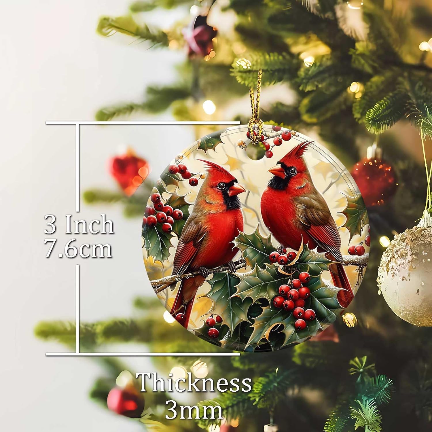 Cardinal Red Berry Ornaments Round Ceramic Hanging Ornament Christmas Keepsake Decor for Xmas Tree Winter Holiday Xmas Gift for Women Men 3" - Image 6