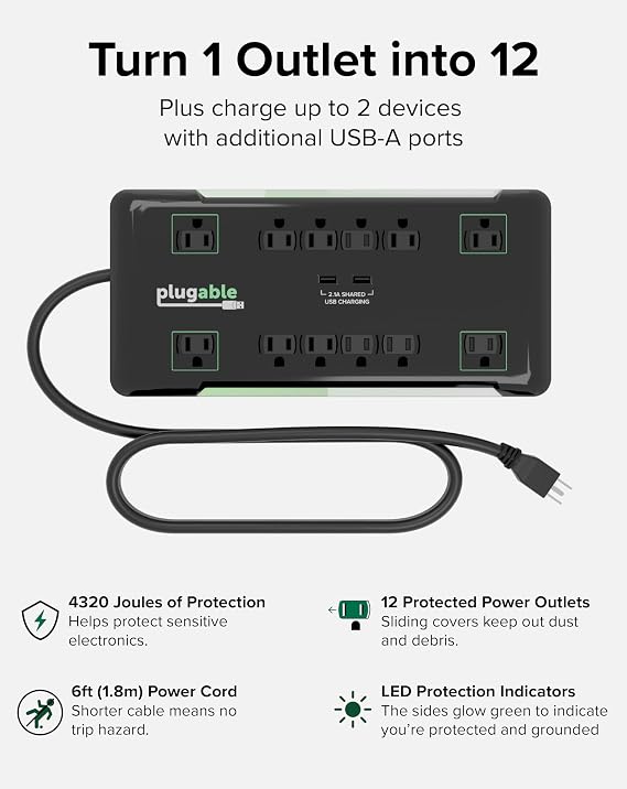 Plugable 12 Outlet Power Strip 4320 Joules Surge Protection