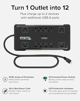 Plugable 12 Outlet Power Strip 4320 Joules Surge Protection