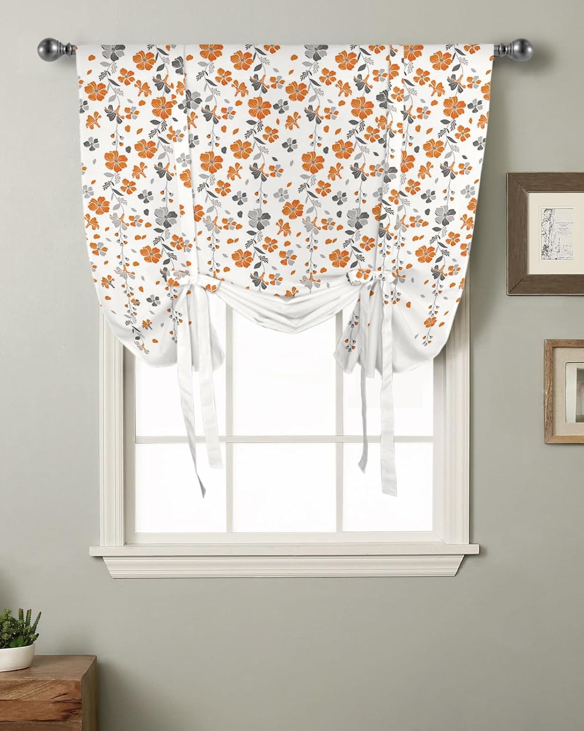 Retro Orange Flower Green Leaf Tie Up Window Shade Curtain Branch Vines on White Kitchen Adjustable Balloon Curtains Shades Drape 52x63In for Living Room/Bedroom/Cafe Windows