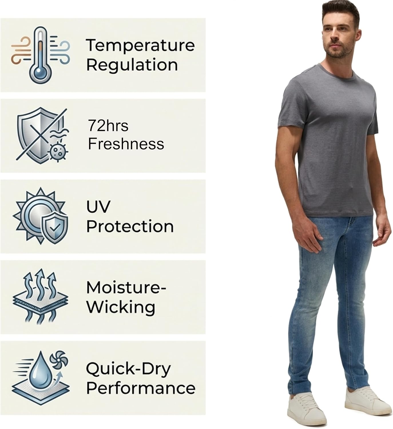 Men’s 100% Merino Wool T-Shirt, Lightweight Temperature-Regulating Base Layer for Everyday Wear