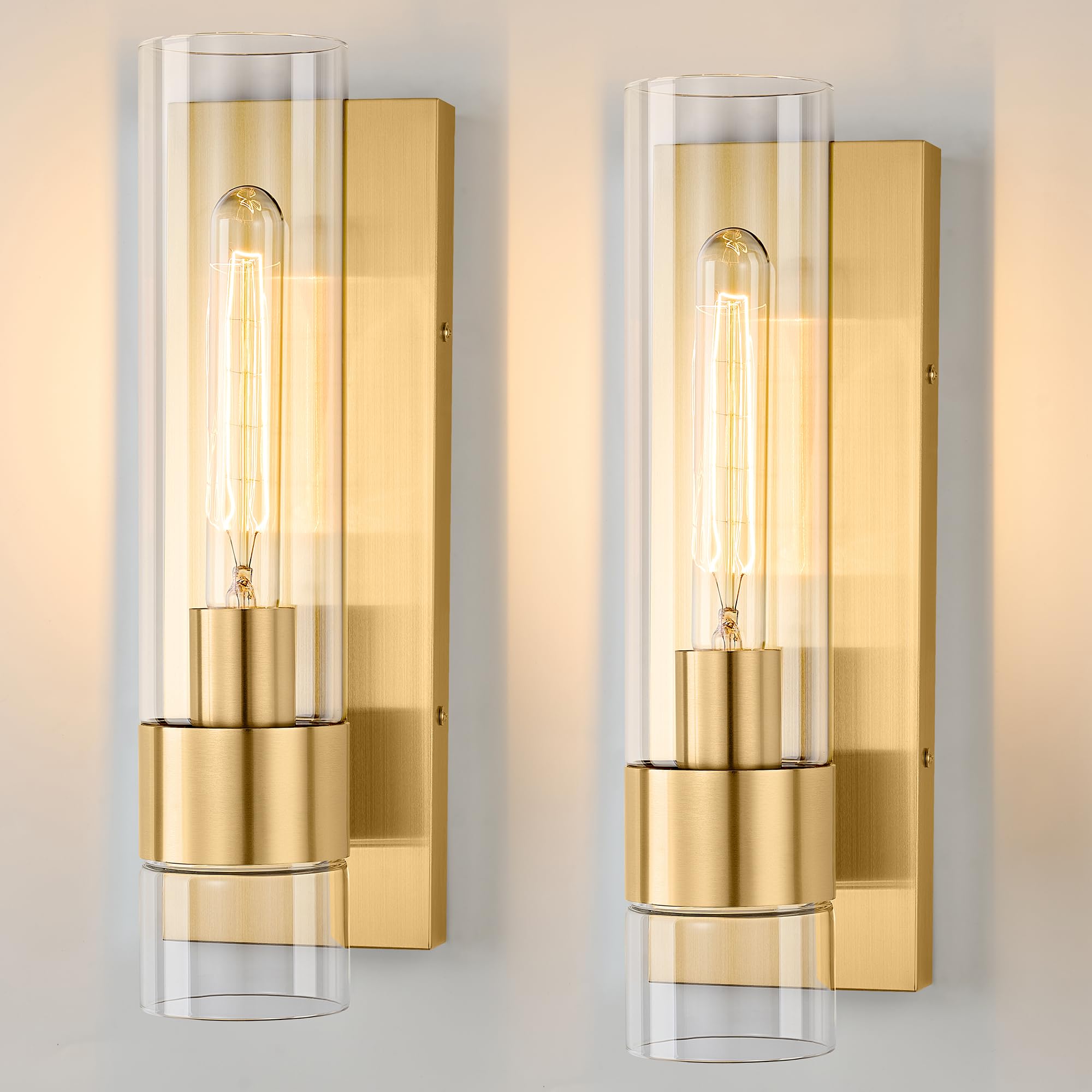 Juego de 2 apliques de pared dorados, modernos apliques de baño, iluminación de pared con vidrio transparente, apliques de baño, juego de 2, apliques de pared interiores para baño, sala de