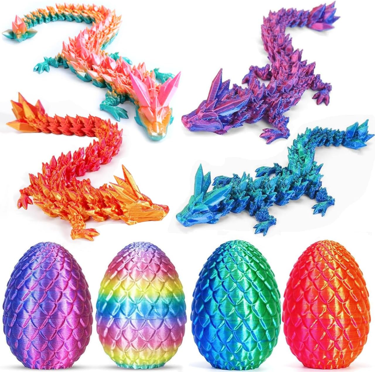 4PCS 3D Printed Dragon Eggs with Dragon Inside, 3D Printing Animals Fidget Dragon Toys for Kids & Adults Articulated Crystal Dinosaur Eggs Easter Basket Stuffers Easter Eggs for Kids