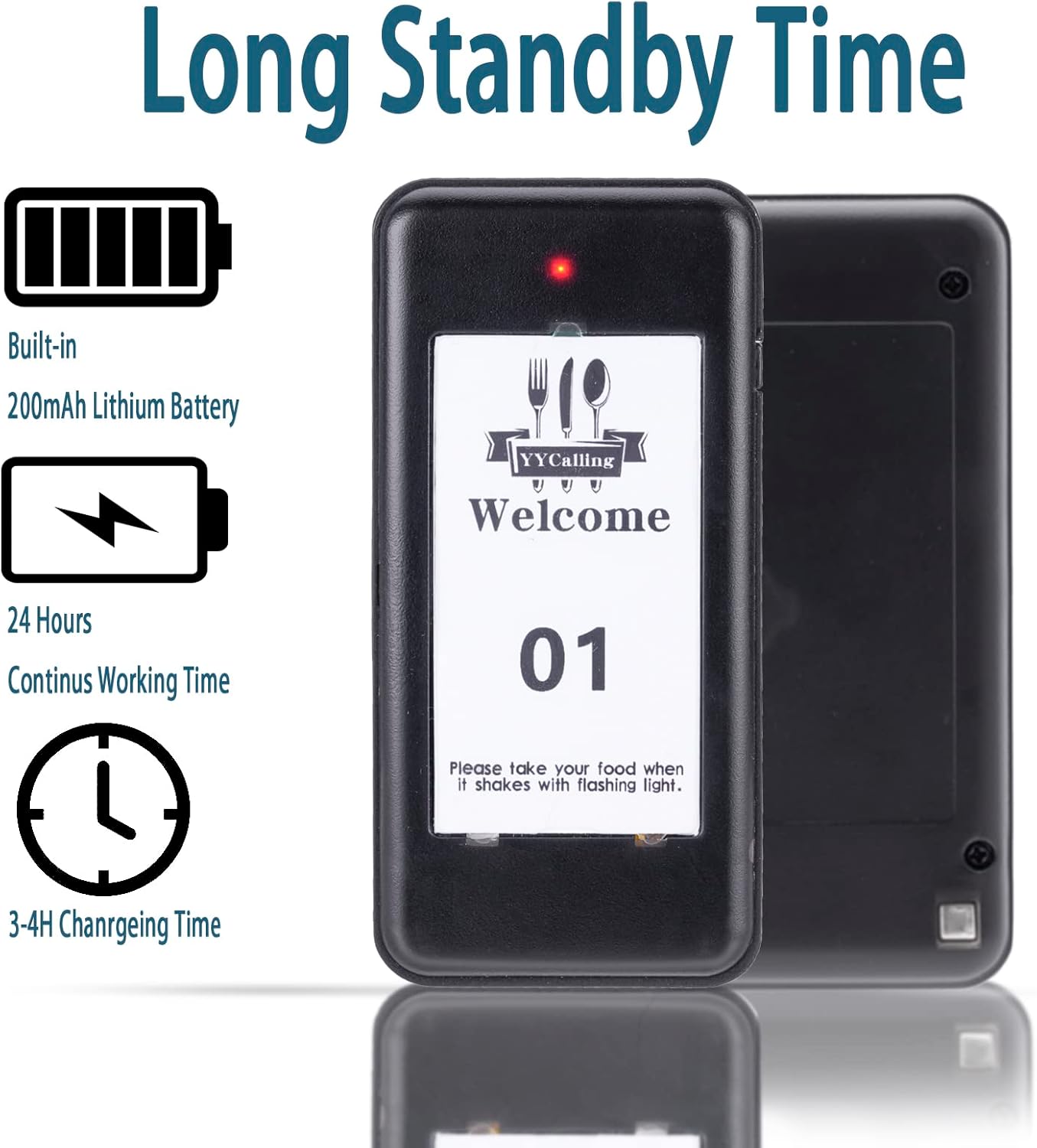 Image illustrating long standby time and charging details for the YYCALLING pager, showing built-in 200mAh battery, 24 hours continuous working time, and 3-4 hours charging time.