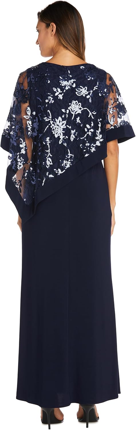 R&M Richards Women's Glamorous Sequin Lace Poncho Dress W/Side Slit - Elegant Evening Cocktail Gown - Image 3