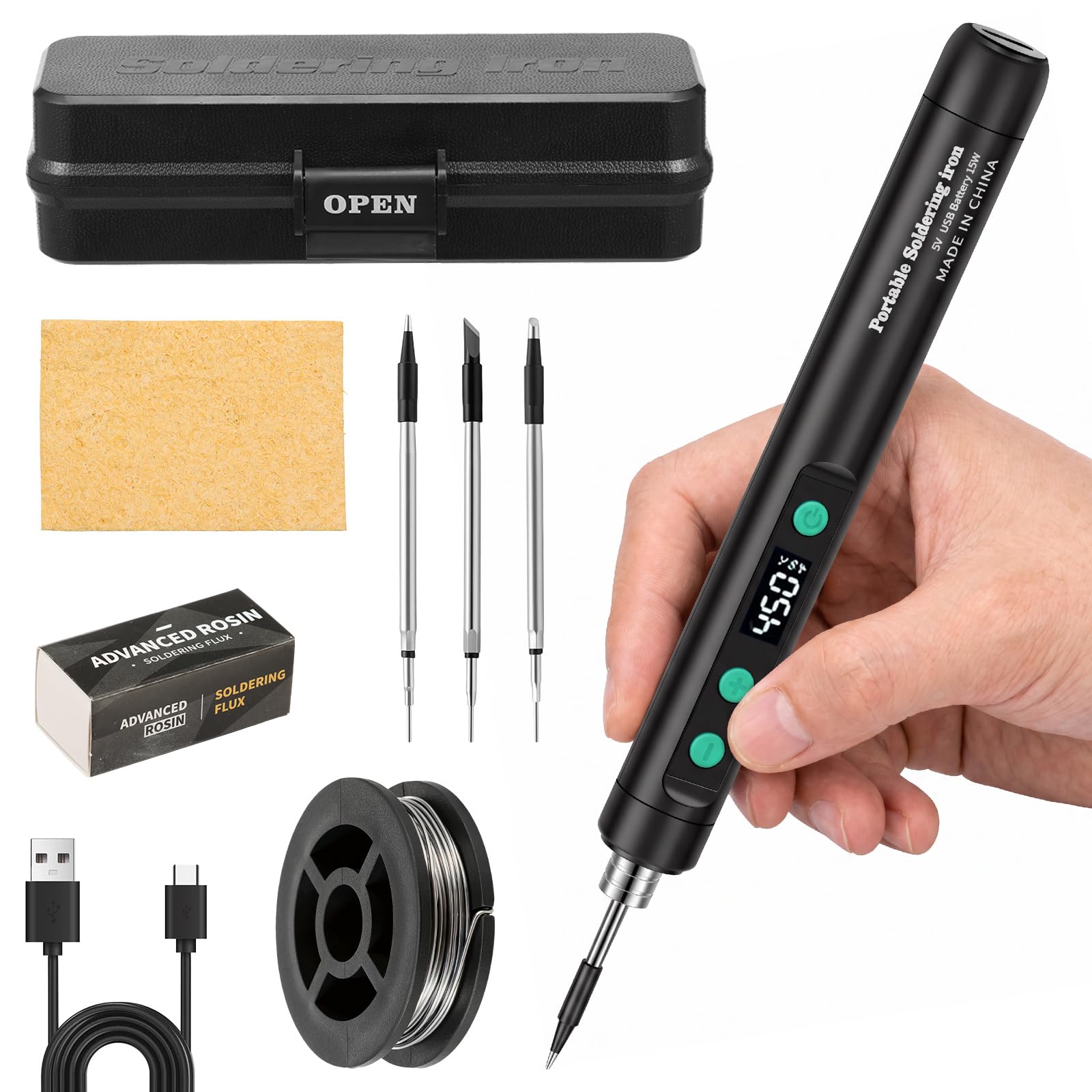 Wireless Soldering Iron Kit, Portable Type-C Rechargeable Soldering Pen with 1100mAh Battery, 8s Fast Heat-Up, 180-450℃ Adjustable Temperature Digital Display, 3 Tips for Electronics Repair & DIY