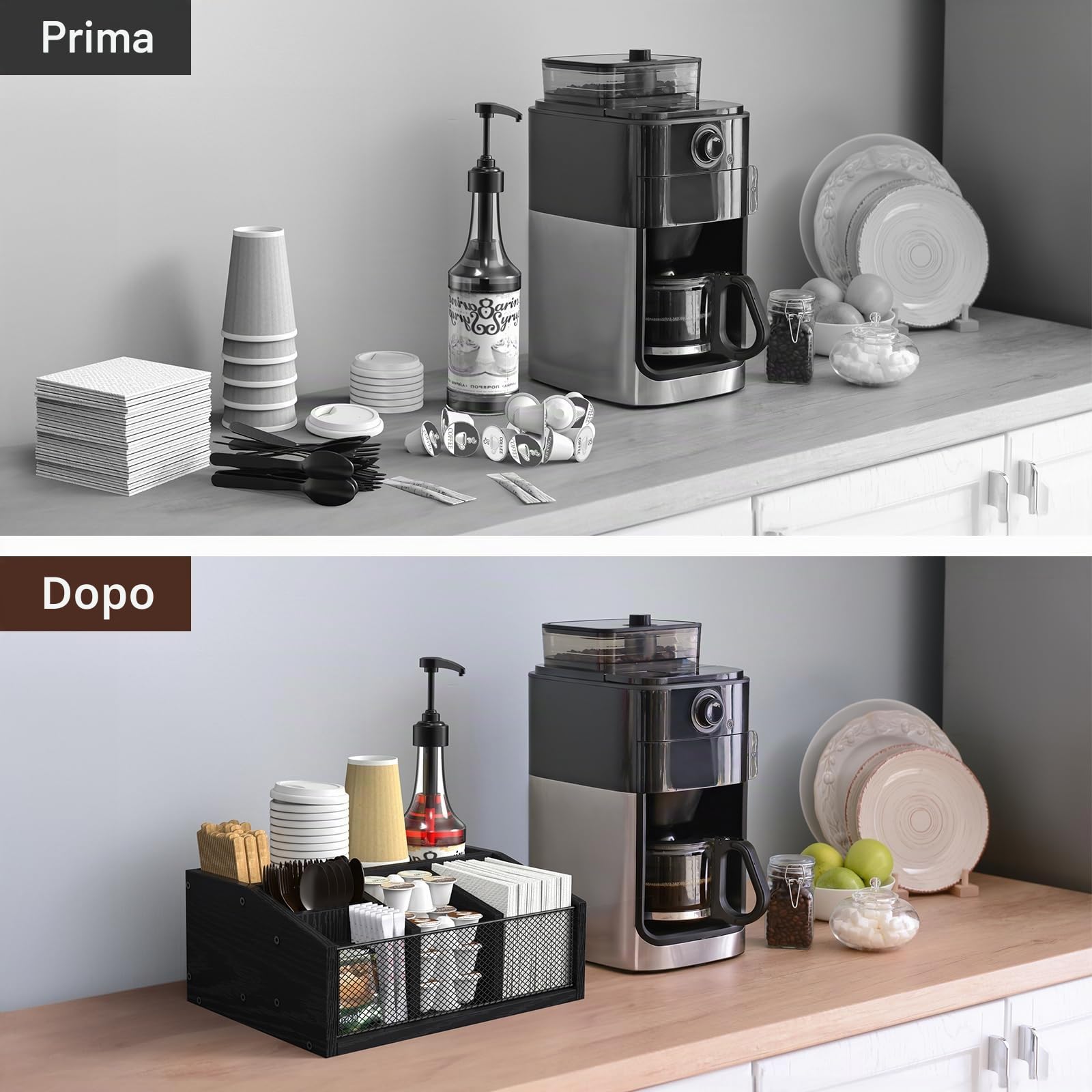Organizer caffè in legno con porta cialde, porta bicchieri, portautensili da cucina marrone, porta zucchero e vani multiuso per creare un perfetto angolo caffè organizzato