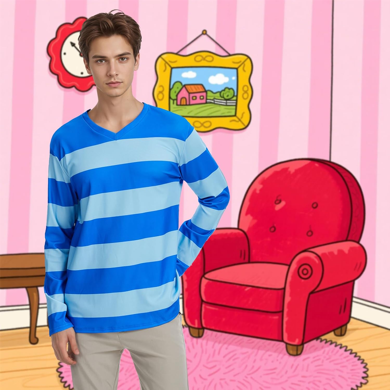 Adult Detective Green Striped Long Shirt Men's Blues Clues Steve Shirt for Halloween Cosplay - Image 6