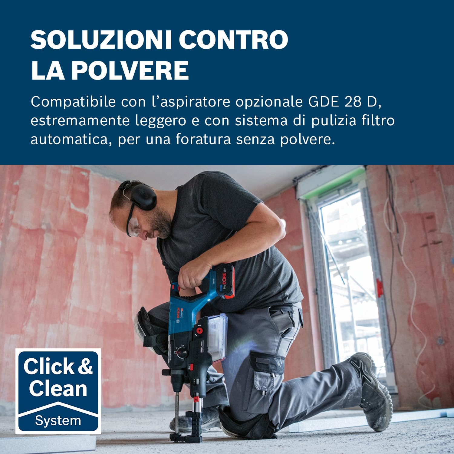 Bosch Professional 18V System Martello perforatore a batteria GBH 18V-28 D (KickBack Control, incl. panno di pulizia, impugnatura supplementare, calibro di profondità, senza batteria/caricabatteria)