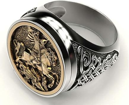 Sovereign Men's Ring St George's Portrait Gold Silver Color Roman Soldier's Dragon Rings for Men Viking Jewelry, 9