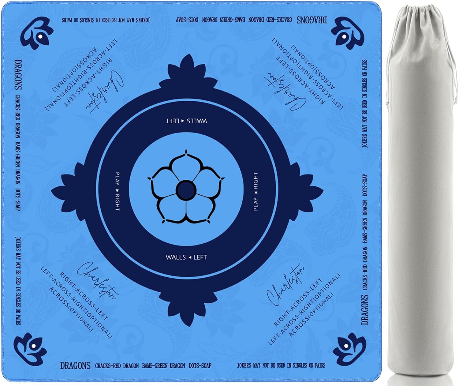 Mahjong Mat, 31.5x31.5 Inch 3mm Thickened American Mahjong Mat for Table with Rules Printed,Anti-Slip, Noise Reduction Mahjong Gift (Blue)