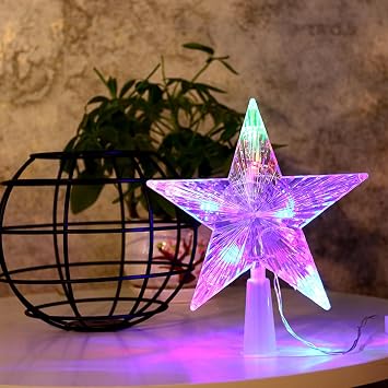 Christmas Tree Decoration - Star Topper With 10 LEDs Batteries Required- 23 x 23 cm Luminous Pentagram Hollow Lighted Tree Star LED Light Up Tree TopperColoured Light 9.06inch