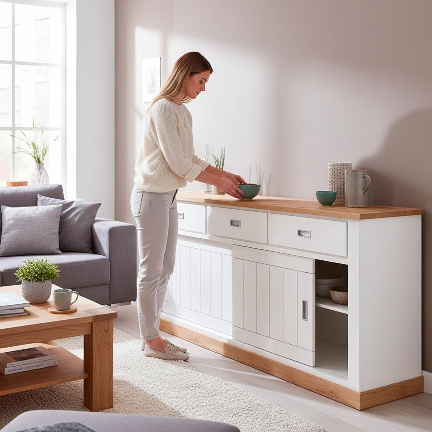 Arreditaly Credenza Soggiorno 3 Cassetti 2 Ante Scorrevoli 4 Ripiani Interni Mobile Buffet Madia Dispensa Cucina Zona Living Design Classico Moderno 220 x 50 x 95 Cm (Bianco e Rovere)