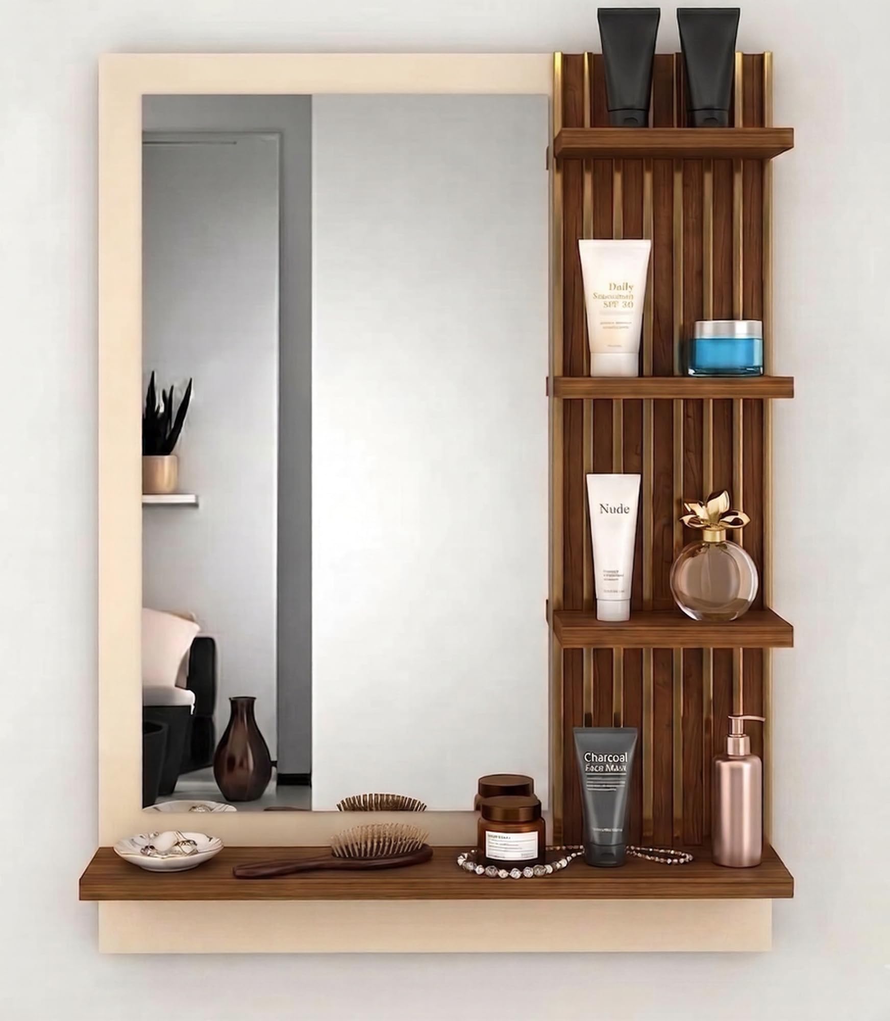 DesignHQ Vanity,Dressing Table | Waterproof Ply Build, Golden Stripe Accent, Wall-Mounted Vanity, Branded Sunmica Finish, Bedroom Makeup Unit-image-11