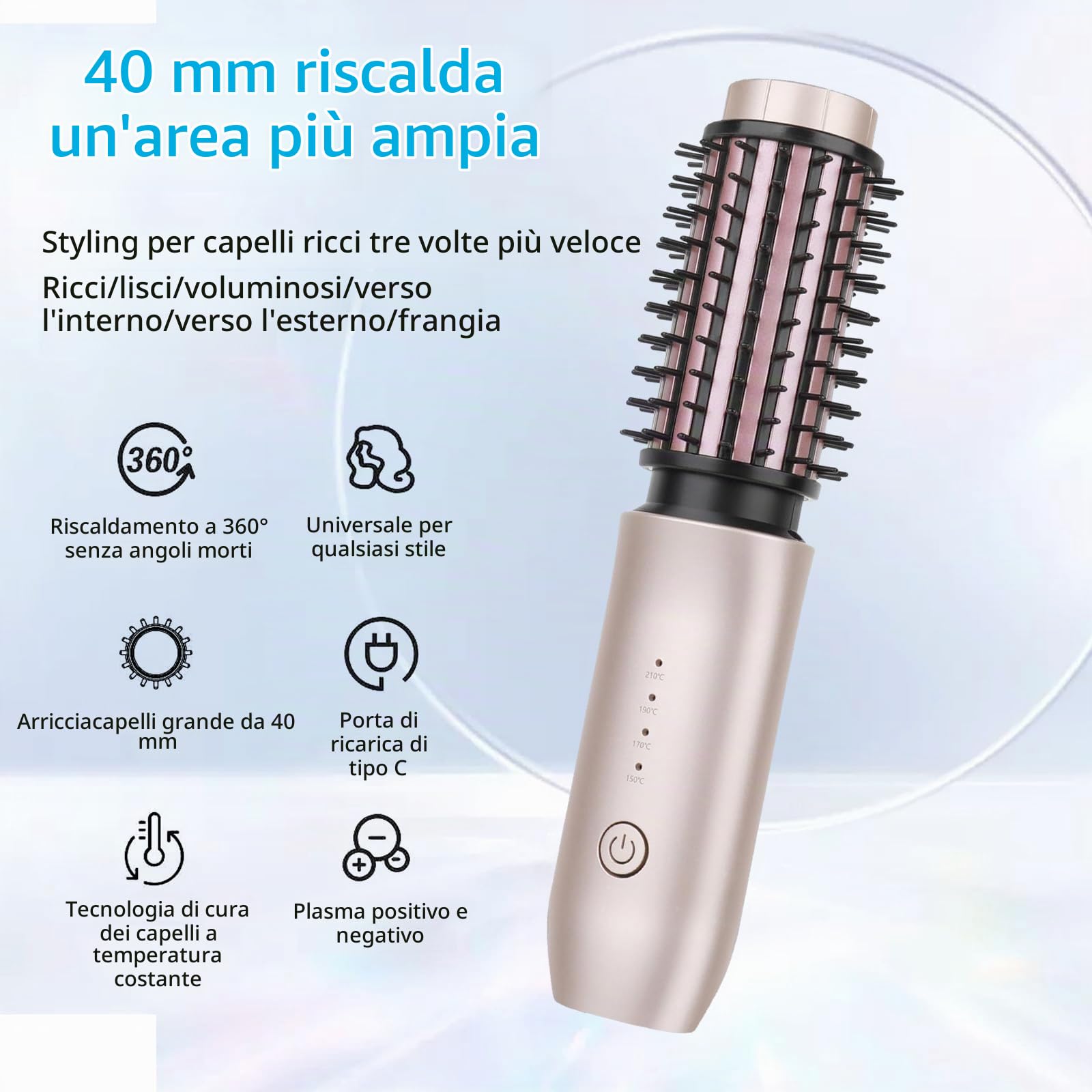 Spazzola riscaldante senza fili 3 in 1, Spazzola Asciugacapelli | Spazzola Ad Aria Calda, spazzola termica portatile, spazzola per capelli ricci con 4 temperature (Pink)