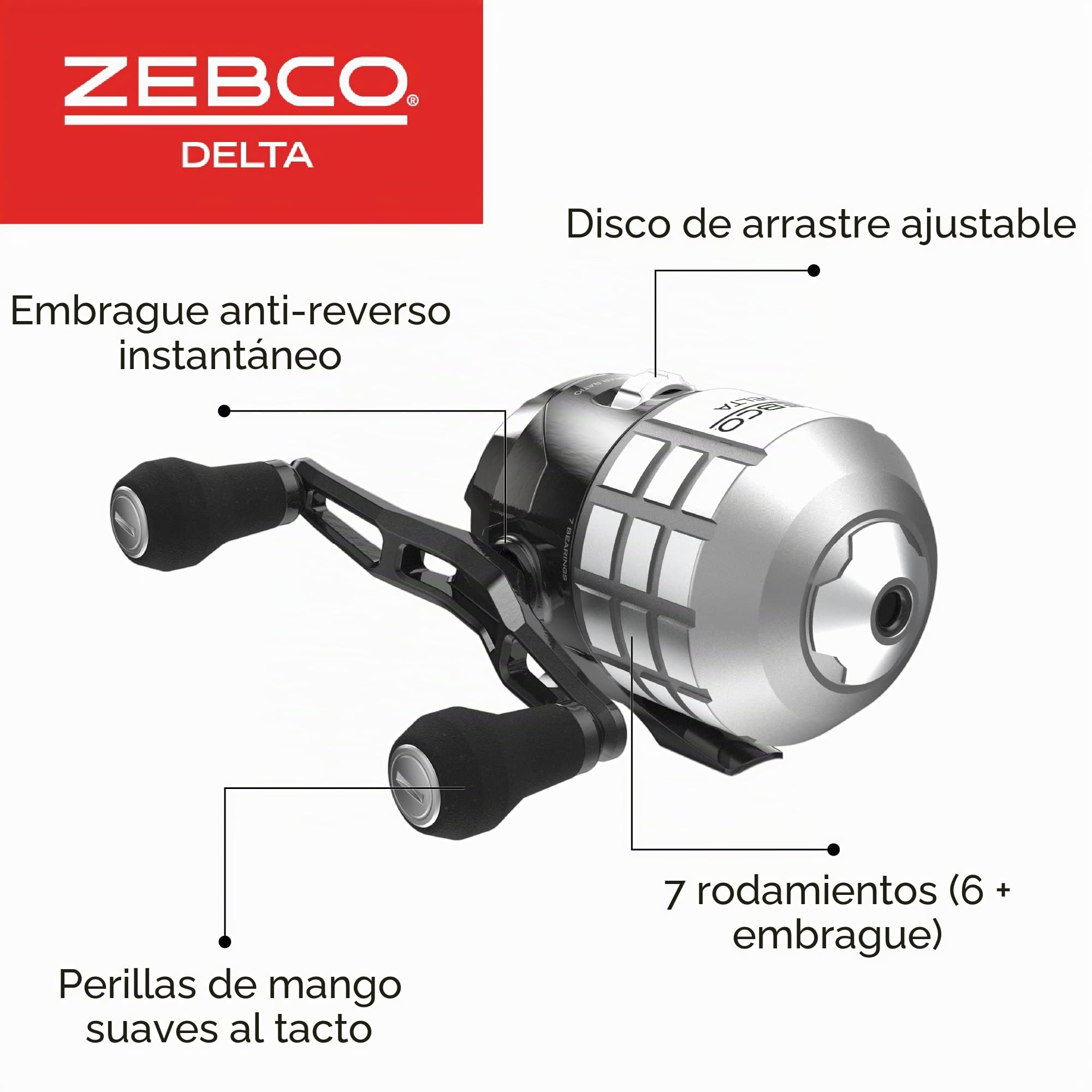 Zebco Delta Spincast - Carrete de Pesca, 5 rodamientos (4 embragues), antirretroceso instantáneo con Arrastre Ajustable en dial, Engranajes Totalmente metálicos